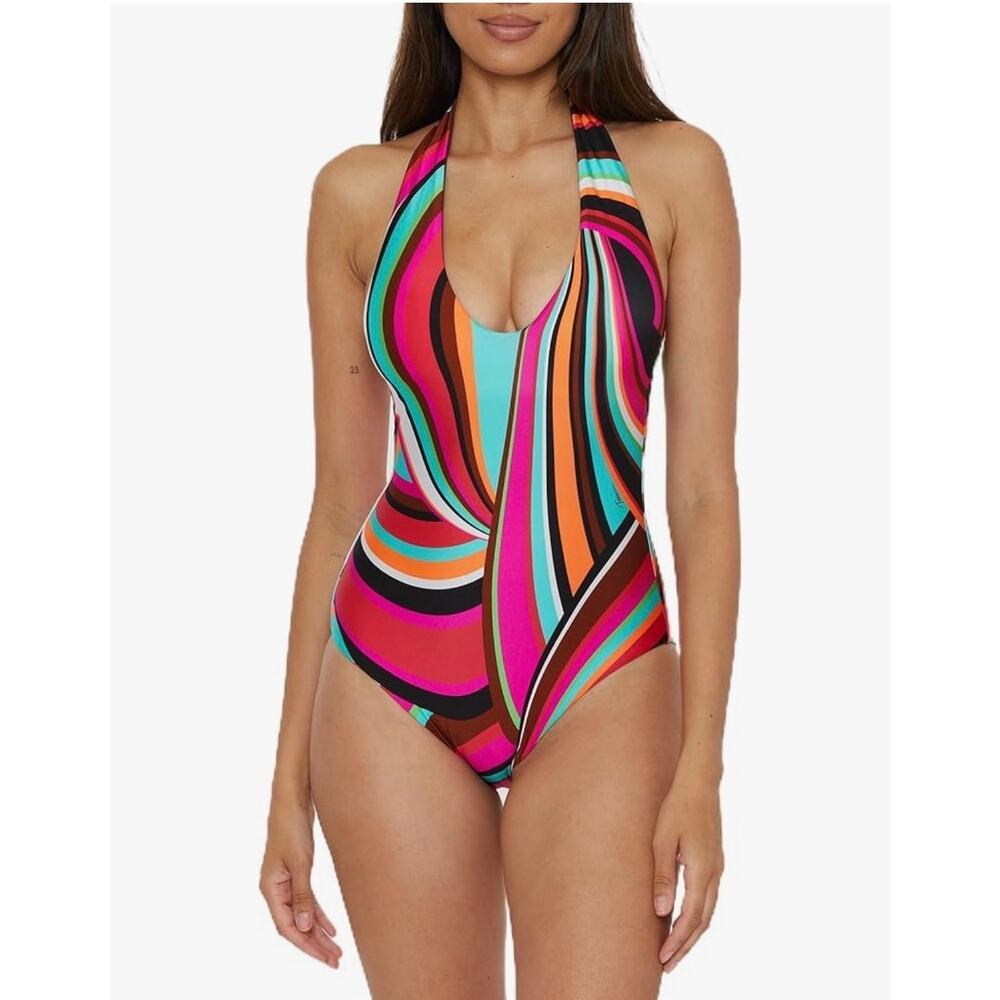 Trina Turk Reversible Halter One Piece Swimsuit Pink Multi Print Size 10 NWOT